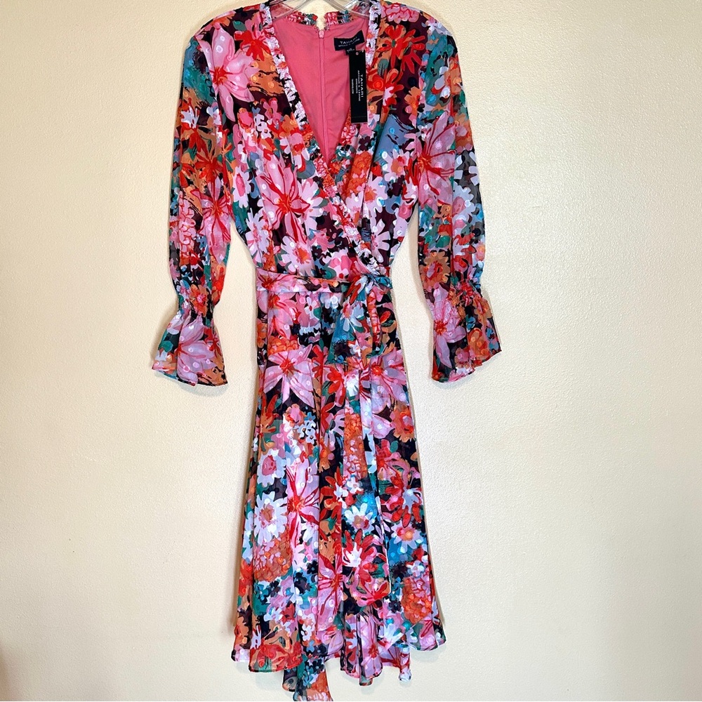 Tahari ASL's floral-print dress features a faux-wrap dress